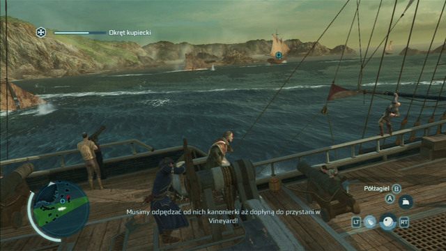 Przeciwnicy najpierw nadpłyną z lewej strony, potem z prawej, a potem cały czas będą pojawiać się ponownie z lewej - Pościg | Misje morskie w Assassins Creed 3 - Assassins Creed 3 - poradnik do gry