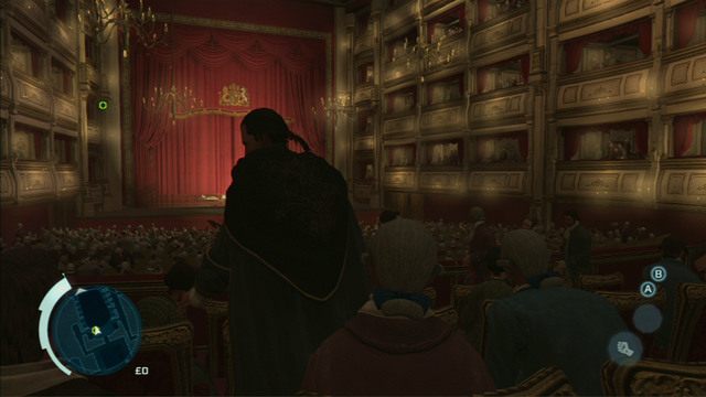 Po rozpoczęciu sekwencji idź cały czas prosto, aż drogę zablokuje ci pracownik opery - Sekwencja 1 - Zabójcze przedstawienie | Solucja Assassins Creed 3 - Assassins Creed 3 - poradnik do gry