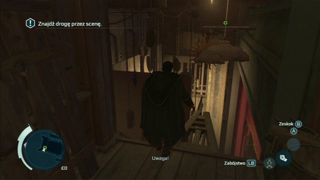 Po drugiej stronie drzwi przeskocz na element scenografii i kieruj się dalej w lewo - Sekwencja 1 - Zabójcze przedstawienie | Solucja Assassins Creed 3 - Assassins Creed 3 - poradnik do gry