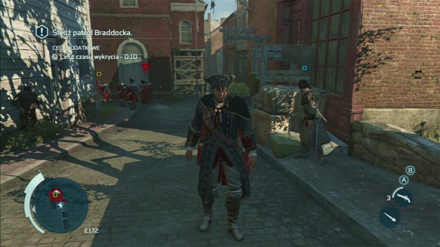 Gdy jakiś żołnierz cię zauważy, pojawi się nad nim najpierw żółty, a następnie czerwony trójkąt - Sekwencja 2 - Żołnierz | Solucja Assassins Creed 3 - Assassins Creed 3 - poradnik do gry