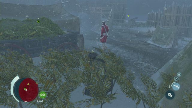 Aby ją zdobyć, przekradnij się w krzaki z lewej i ogłusz gołymi pięściami najbliższego strażnika - Sekwencja 3 - Egzekucja ponad wszystko | Solucja Assassins Creed 3 - Assassins Creed 3 - poradnik do gry