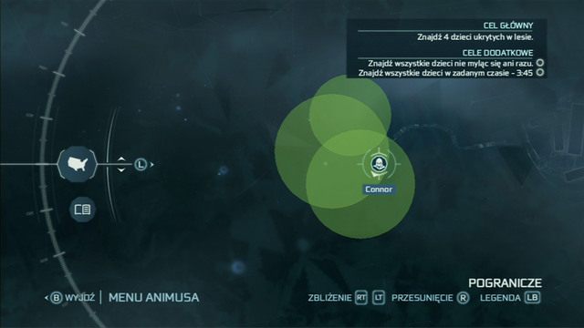 Na mapie pojawią się wtedy zielone kręgi, w obrębie których, schowane są dzieci - Sekwencja 4 - Zabawa w chowanego | Solucja Assassins Creed 3 - Assassins Creed 3 - poradnik do gry