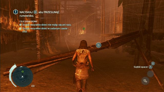 Po wejściu za palisadę, kieruj się w stronę zielonego punktu, omijając przyciskiem interakcji wszelkie blokady - Sekwencja 4 - Zabawa w chowanego | Solucja Assassins Creed 3 - Assassins Creed 3 - poradnik do gry