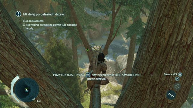 Po krótkiej animacji będziesz musiał dostać się do strumienia, przeskakując miedzy gałęziami - Sekwencja 4 - Pióra i drzewa | Solucja Assassins Creed 3 - Assassins Creed 3 - poradnik do gry