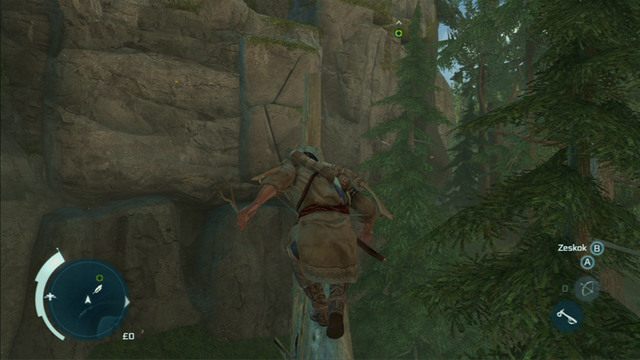 Na początku dostań się do skalnej ściany, przeskakując po gałęziach drzew i powalonym pniu - Sekwencja 4 - Pióra i drzewa | Solucja Assassins Creed 3 - Assassins Creed 3 - poradnik do gry