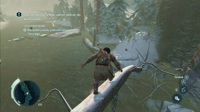 Aby go uratować, przeskakuj między kamieniami i pniami drzew, raz na jednym i raz na drugim brzegu - Sekwencja 5 - Ratunek na rzece | Solucja Assassins Creed 3 - Assassins Creed 3 - poradnik do gry