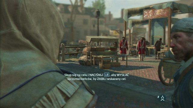 Gdy dotrzesz wreszcie do swojego głównego celu, przytrzymaj przycisk Gildii Assassynów, wybierz zabójstwo, a następnie szybko wciśnij ten sam przycisk - Sekwencja 6 - Wściekły kucharz | Solucja Assassins Creed 3 - Assassins Creed 3 - poradnik do gry