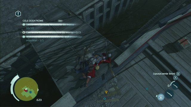 Aby wykonać atak z powietrza, powinieneś stanąć na burcie i z niej zaatakować wbiegającego na statek żołnierza - Sekwencja 6 - Herbatka Bostońska | Solucja Assassins Creed 3 - Assassins Creed 3 - poradnik do gry