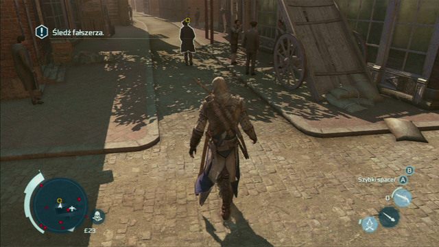 Dotrzesz w ten sposób na targ, skąd musisz śledzić tajemniczego fałszerza - Sekwencja 8 - Coś na boku | Solucja Assassins Creed 3 - Assassins Creed 3 - poradnik do gry
