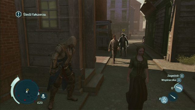 Podążaj za nimi chowając się za grupkami przechodniów i rogami budynków - Sekwencja 8 - Coś na boku | Solucja Assassins Creed 3 - Assassins Creed 3 - poradnik do gry