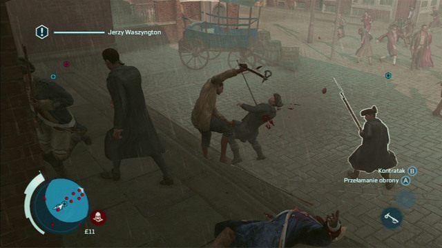Gdy mężczyzna padnie na ziemi, stań obok niego i czekaj na ataki milicjantów - Sekwencja 8 - Publiczna egzekucja | Solucja Assassins Creed 3 - Assassins Creed 3 - poradnik do gry