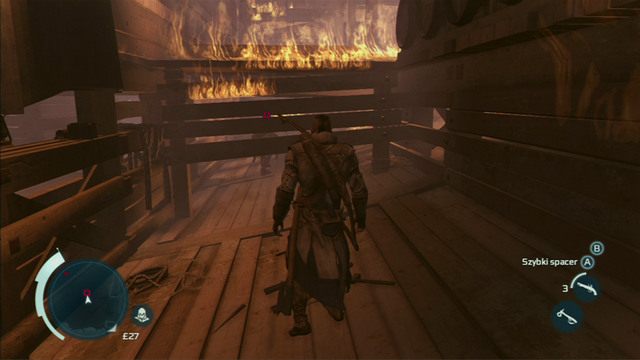 Na początku skręć w prawo do płonącej stoczni i prześlizgnij się pod drewnianą blokadą - Sekwencja 12 - W pogoni za Lee | Solucja Assassins Creed 3 - Assassins Creed 3 - poradnik do gry