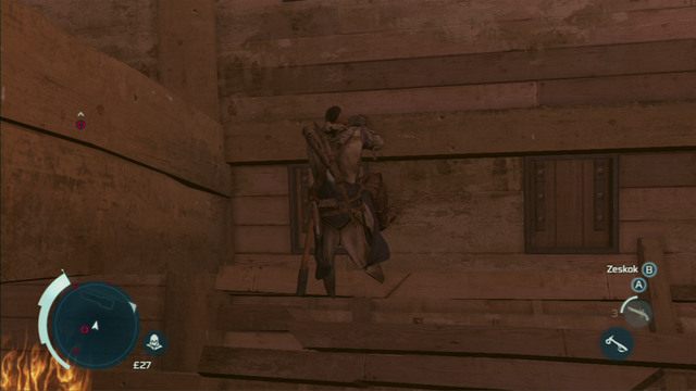 Stamtąd musisz wbiec na ścianę z prawej, a następnie przeskoczyć w lewo - Sekwencja 12 - W pogoni za Lee | Solucja Assassins Creed 3 - Assassins Creed 3 - poradnik do gry