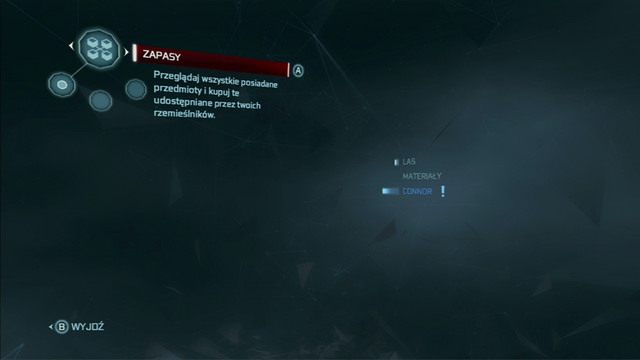 Zapasy - opcja ta służy do przeglądania przedmiotów przechowywanych w osadzie oraz kupowania nowych towarów od osadników - Funkcje osady w Assassins Creed 3 - Assassins Creed 3 - poradnik do gry