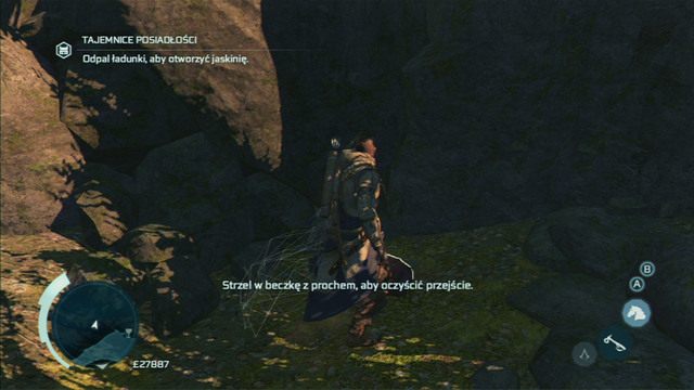 Mężczyzna podłoży obok jaskini ładunki wybuchowe, które musisz wysadzić strzałem z pistoletu - Zadania Achilles w osadzie | Assassins Creed 3 - Assassins Creed 3 - poradnik do gry