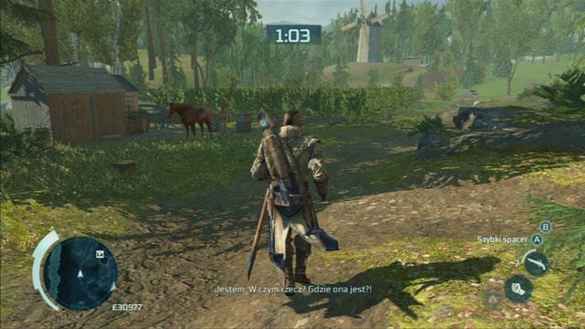 Nie wyprzedzaj towarzysza za bardzo, bo zaraz za mostem będziesz musiał skręcić w lewo i zawiadomić męża rodzącej kobiety - Zadania Warrena i Prudencea w Assassins Creed 3 - Assassins Creed 3 - poradnik do gry