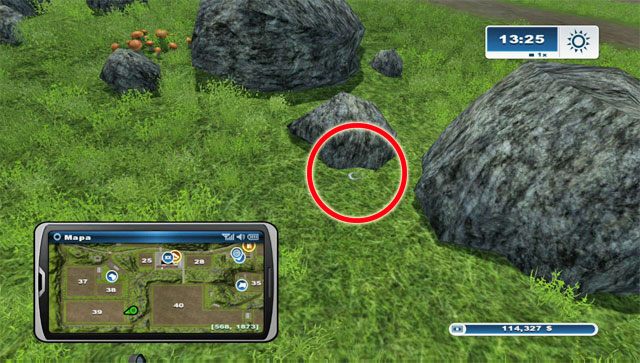 Szukaj na wschód od pola nr 39, tuż za głazami - Obszar A - podkowy 01 - 13 | Podkowy w Farming Simulator 2013 - Farming Simulator 2013 - poradnik do gry