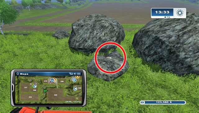 Leży na głazie na wzgórzami pomiędzy polami 38 i 39, a polem nr 40 - Obszar A - podkowy 01 - 13 | Podkowy w Farming Simulator 2013 - Farming Simulator 2013 - poradnik do gry