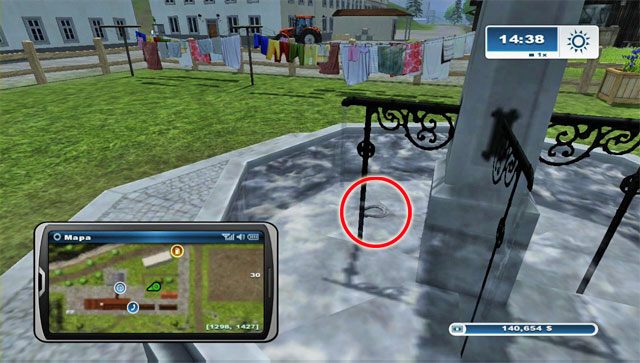 Niedaleko miejsca gdzie możesz sprzedać wełnę znajduje się dom, a na jego podwórzu stoi fontanna - Obszar B - podkowy 14 - 24 | Podkowy w Farming Simulator 2013 - Farming Simulator 2013 - poradnik do gry