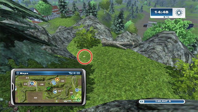 Pomiędzy miejscem hodowli krów, a polem nr 28 jest wysokie wzniesienie - Obszar B - podkowy 14 - 24 | Podkowy w Farming Simulator 2013 - Farming Simulator 2013 - poradnik do gry