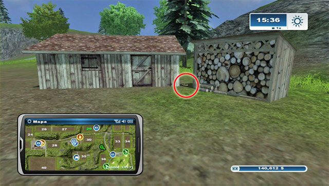 Przy drodze prowadzącej do pola golfowego stoją dwa małe budynki, a pomiędzy nimi leży podkowa - Obszar C - podkowy 25 - 36 | Podkowy w Farming Simulator 2013 - Farming Simulator 2013 - poradnik do gry