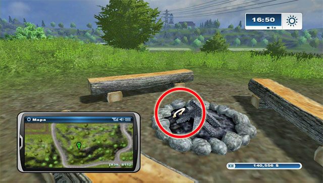 Na północ od pola nr 14 jest wzniesienie, a na nim palenisko oraz ławki z pieńków drzewa - Obszar E - podkowy 45 - 61 | Podkowy w Farming Simulator 2013 - Farming Simulator 2013 - poradnik do gry