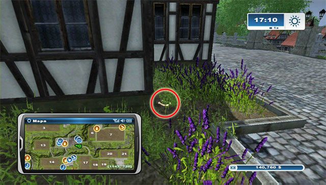 Podkowa leży przy domu wspomnianym przy podkowie #59, a dokładniej w kwiatach w jego północno-wschodnim rogu - Obszar E - podkowy 45 - 61 | Podkowy w Farming Simulator 2013 - Farming Simulator 2013 - poradnik do gry