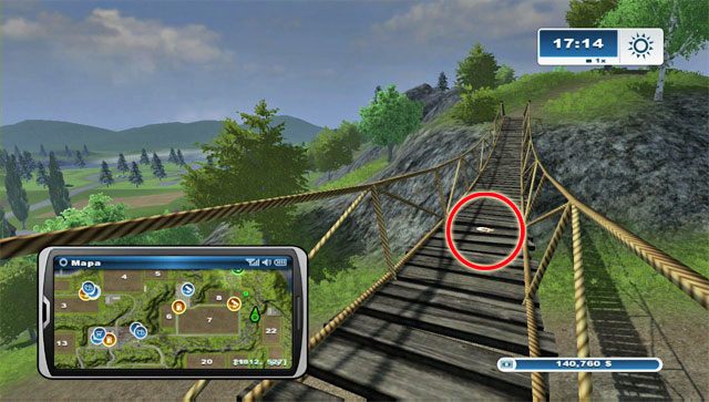 Pomiędzy polami nr 7 i 22 jest droga, a nad nią wisi most linowy - Obszar F - podkowy 62 - 73 | Podkowy w Farming Simulator 2013 - Farming Simulator 2013 - poradnik do gry