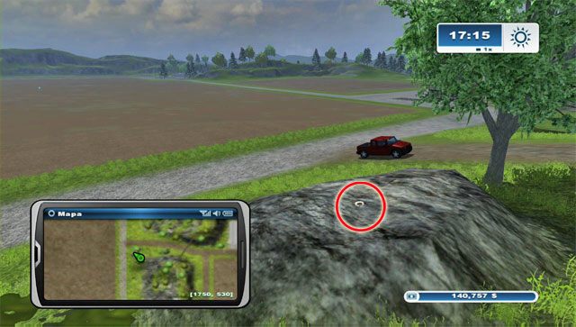 Na wschodzie od pola nr 7, przy drodze do pola nr 22, jest wielki głaz - Obszar F - podkowy 62 - 73 | Podkowy w Farming Simulator 2013 - Farming Simulator 2013 - poradnik do gry