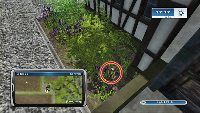 Podkowa leży w kwiatach rosnących przy południowej ścianie Gospody - Obszar F - podkowy 62 - 73 | Podkowy w Farming Simulator 2013 - Farming Simulator 2013 - poradnik do gry