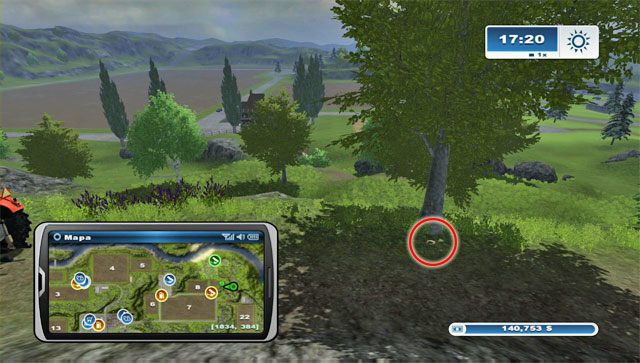 Podkowa leży pod jednym z drzew na wzgórzu na wschód od Gospody - Obszar F - podkowy 62 - 73 | Podkowy w Farming Simulator 2013 - Farming Simulator 2013 - poradnik do gry