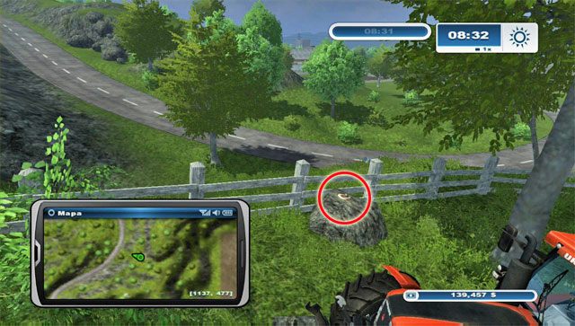 Jadąc od strony miasteczka drogą na północ po prawej stronie widzisz ogrodzenie - Obszar G - podkowy 74 - 89 | Podkowy w Farming Simulator 2013 - Farming Simulator 2013 - poradnik do gry
