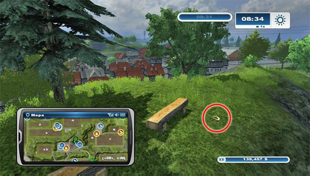 Na północ od miasteczka, na wzniesieniu, tuż przy ławkach z drzewa znajdziesz kolejną podkowę - Obszar G - podkowy 74 - 89 | Podkowy w Farming Simulator 2013 - Farming Simulator 2013 - poradnik do gry