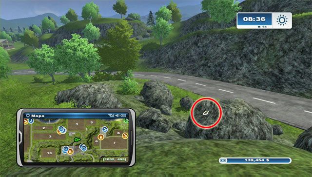 Przy drodze prowadzącej z miasteczka na północ po lewej stronie leżą głazy - Obszar G - podkowy 74 - 89 | Podkowy w Farming Simulator 2013 - Farming Simulator 2013 - poradnik do gry