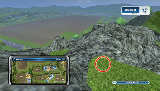 Na południowym-zachodzie od pola nr 13 jest wzniesienie i skały - Obszar H - podkowy 90 - 100 | Podkowy w Farming Simulator 2013 - Farming Simulator 2013 - poradnik do gry