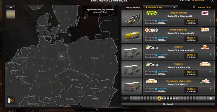 Lista zamówień zewnętrznych - na mapie widoczny jest obszar, z którego poszukiwane są zlecenia - ETS2: Konto online, World of Trucks - Euro Truck Simulator 2 - poradnik do gry
