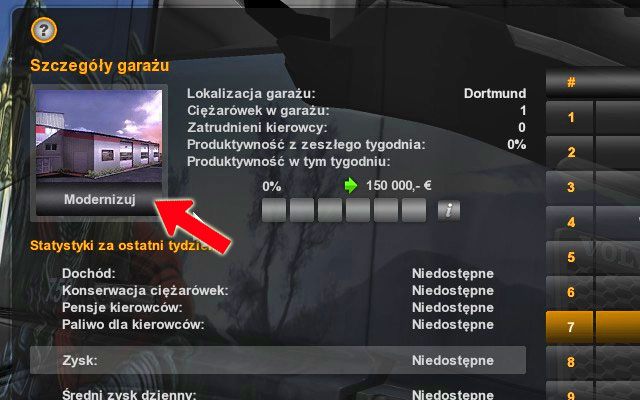 Aby powiększyć garaż (z najmniejszego na mały bądź z małego na duży) należy w menadżerze garażu kliknąć modernizuj przy szczegółach garażu przeznaczonego do rozbudowy - ETS2: Modernizacja i kupno garażu - Euro Truck Simulator 2 - poradnik do gry