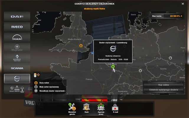 Aby zakupić ciężarówkę z głównego panelu sterowania przejdź do dealerów ciężarówek - ETS2: Zakup ciężarówki - metody - Euro Truck Simulator 2 - poradnik do gry