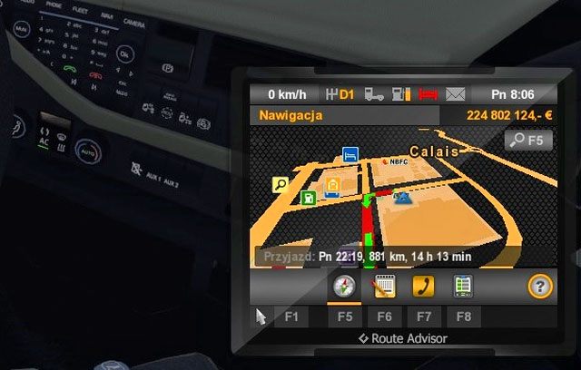 Drugim ważnym elementem widocznym w prawym-dolnym podczas prowadzenia pojazdu rogu jest doradca drogowy - ETS2: Doradca drogowy (GPS) - Euro Truck Simulator 2 - poradnik do gry
