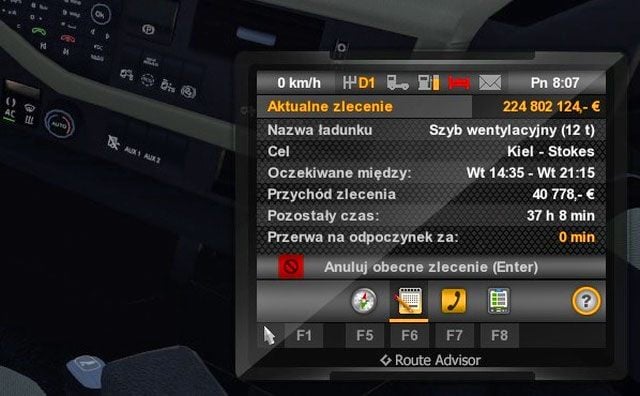W drugiej zakładce (domyślnie [F6]) widzisz informację o aktualnym zleceniu (są one wyświetlane jeśli podjąłeś się dostarczyć jakiś transport) - ETS2: Doradca drogowy (GPS) - Euro Truck Simulator 2 - poradnik do gry