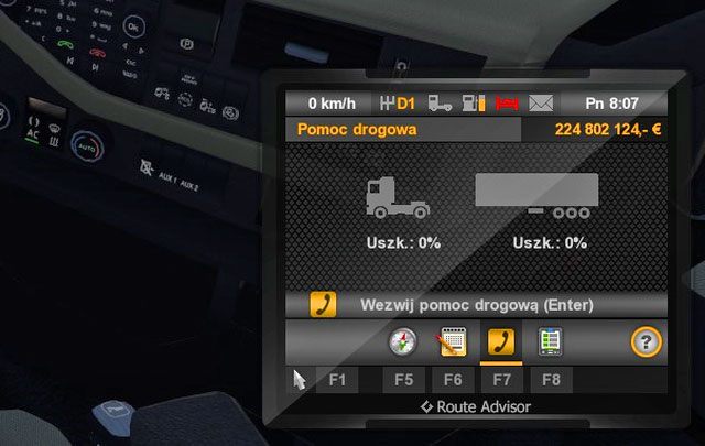 Trzecia zakładka (domyślnie [F7]) prezentuje procent zniszczeń ciągnika oraz procent uszkodzenia przewożonego ładunku (co ma wpływ na otrzymaną zapłatę) - ETS2: Doradca drogowy (GPS) - Euro Truck Simulator 2 - poradnik do gry