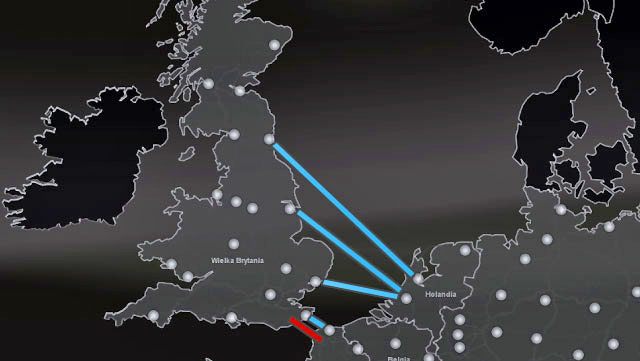 Powyższa mapa prezentuje trasy dostępnych przepraw - ETS2: Porty i eurotunel - Euro Truck Simulator 2 - poradnik do gry