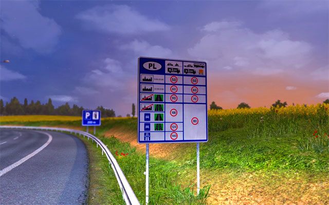 Warto zwrócić uwagę na stojące tuż po przekroczeniu granicy znaki informujące o ograniczeniach prędkości na różnych typach dróg - ETS2: Granice państw, przejazdy kolejowe - Euro Truck Simulator 2 - poradnik do gry
