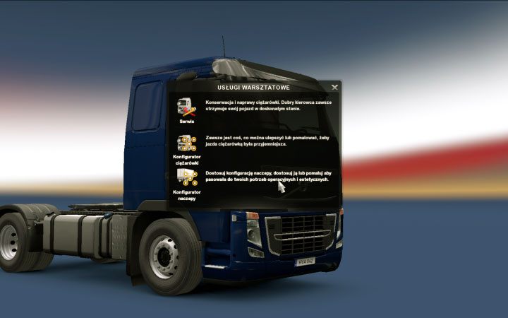 Udaj się do warsztatu i na ekranie powitalnym wybierz Konfigurator naczepy - ETS2 Bałtycki szlak: Naczepy - Zakup, modyfikacja i zarządzanie - Euro Truck Simulator 2 - poradnik do gry