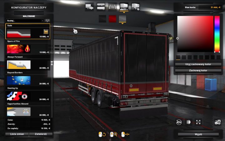Na końcu jest możliwość określenia kolorystyki oraz szerokiej gamy dostępnych dodatków - ETS2 Bałtycki szlak: Naczepy - Zakup, modyfikacja i zarządzanie - Euro Truck Simulator 2 - poradnik do gry