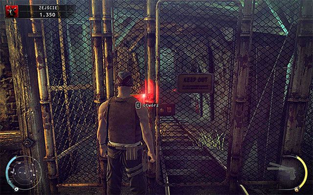Pierwszy wariant zachowania zakłada wybranie metalowej bramki, przez którą przejdą wspomniani wyżej wartownicy - Dotarcie do windy (Zejście) | 11 - Dexter Industries | Hitman Rozgrzeszenie - Hitman Absolution - poradnik do gry