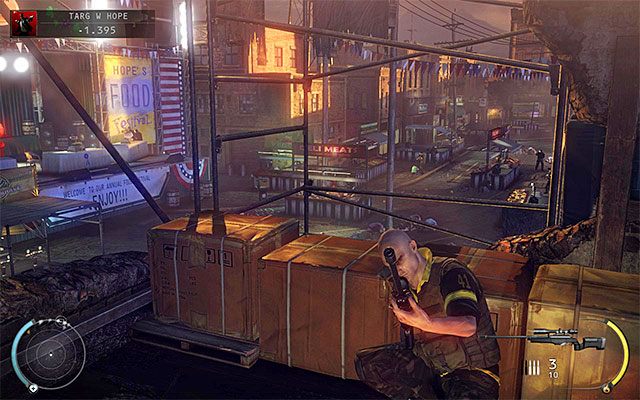 Ze snajperką najlepiej jest rozstawić się w pokazanym na powyższym screenie miejscu - Targ w Hope | 16 - Operacja Młot Bojowy | Solucja Hitman Rozgrzeszenie - Hitman Absolution - poradnik do gry