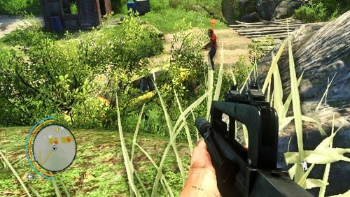 Kiedy dojdziesz miejsca pokazanego na obrazku, rzutem kamienia wywab przeciwnika z drewnianego mostku i go zabij - Zapłata | Misje główne w Far Cry 3 - Far Cry 3 - poradnik do gry