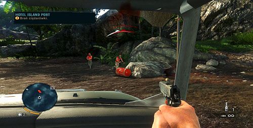 W pewnym momencie samochód się zatrzyma, przejdziesz na przód, skąd strzelaj do nadbiegających piratów - Hotel Island Port | Misje główne w Far Cry 3 - Far Cry 3 - poradnik do gry