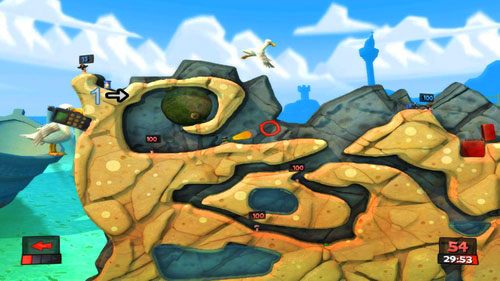 Rozgrywkę zaczynamy od zneutralizowania Działka strażniczego strzałem z Bazooki [ilustracja] - Piasek i zniszczenie | Plaża (Kampania) | Worms Revolution - Worms: Revolution - poradnik do gry